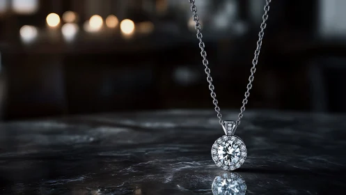 Diamond halo pendant glows over dark marble surface.