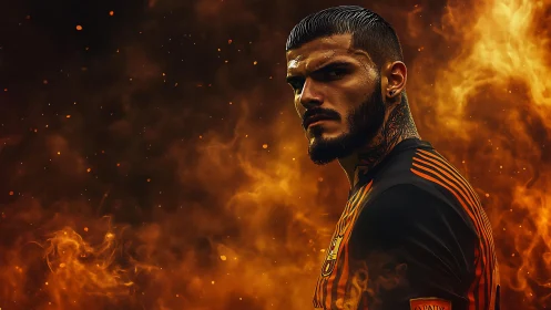 Tattooed football firebrand storms through blazing inferno.
