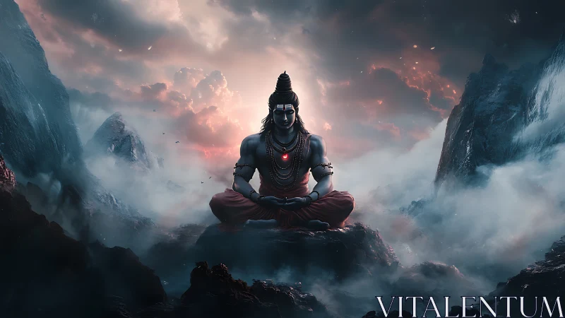 Meditating mountain deity sits within stormy celestial mist