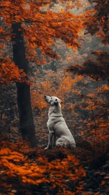 White dog gazes upward in a misty, ember-toned autumn forest
