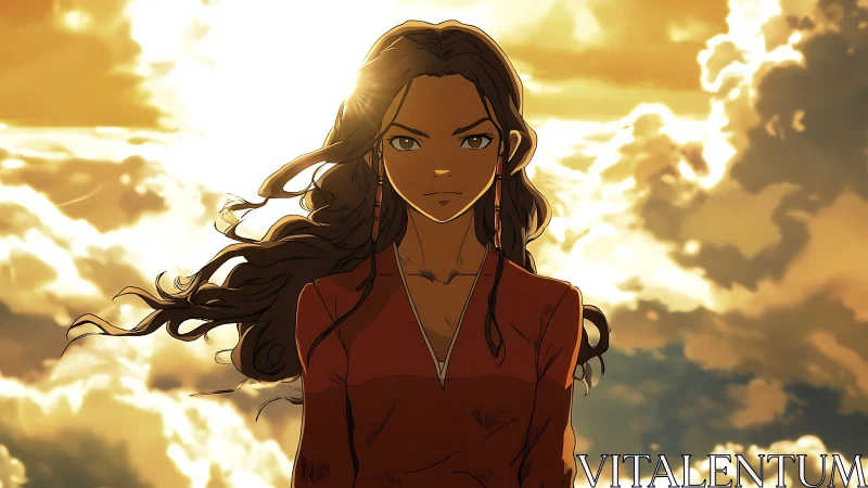 Animated woman against sunlit clouds with direct gaze.