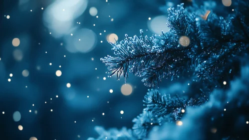 Macro winter fir branch with bokeh snowfall composition.