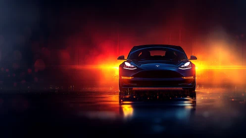 Electric sedan faces camera against bright orange backlight