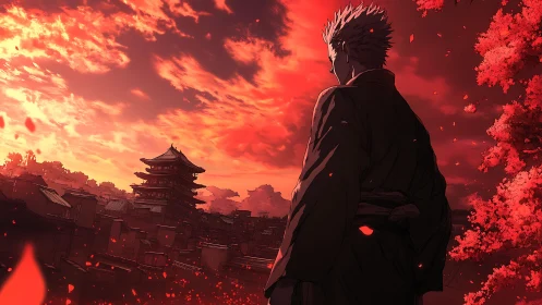 Lone samurai contemplates a burning red sky at sunset