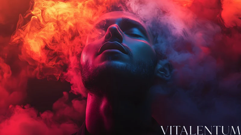 Cinematic male portrait in red cyan smoke with dramatic lighting