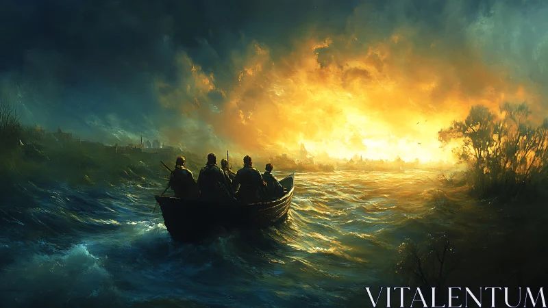 Boat of evacuees crossing storm-lit river toward burning city.