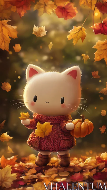 Cozy kitten in crimson sweater greeting golden autumn leaves.