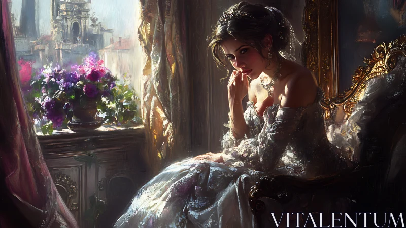 Sunlit daydream of a quiet princess in her gilded room.