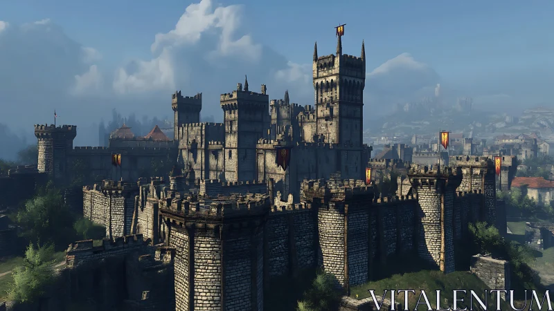 Fortified medieval stone castle under hazy blue sky.