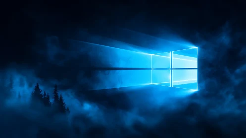 Glowing window logo projects blue light through dense fog