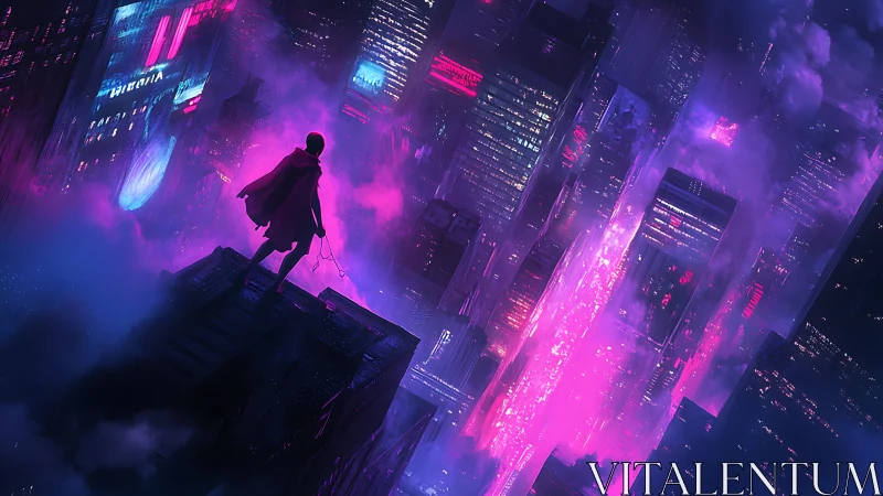 Lone figure surveys neon cyberpunk skyline in violet haze.