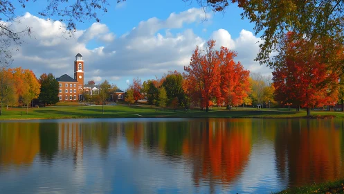 Golden autumn campus glows beside a calm reflective lake