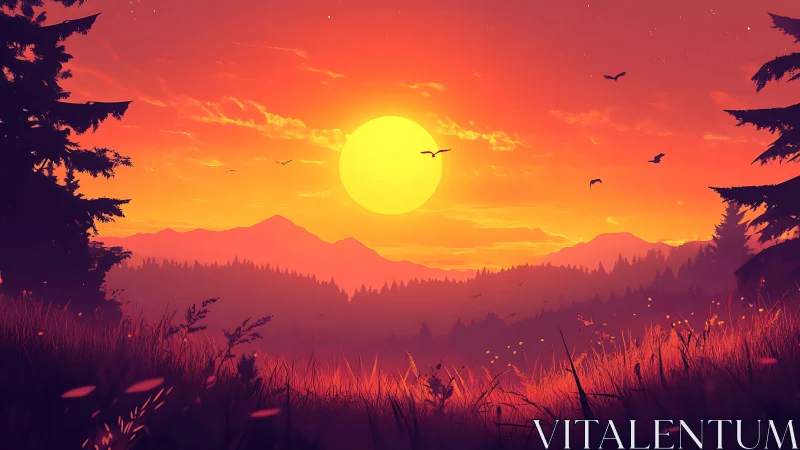 Sunset over conifer forest and distant mountain ranges.