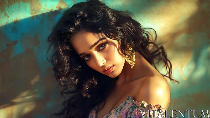 Sunlit portrait captures romantic gaze and golden warmth.