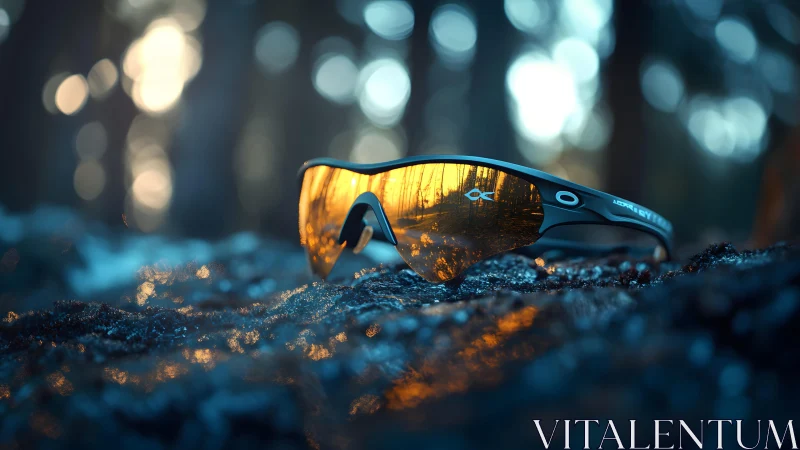 Sport sunglasses with orange mirrored lens in forest at sunset.