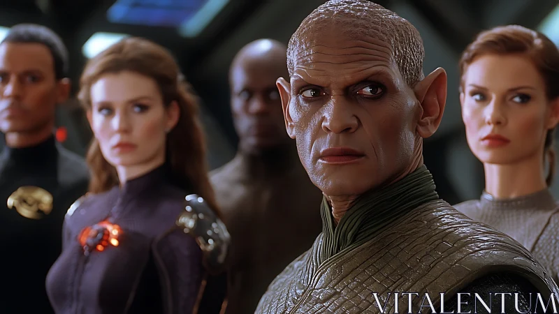 Alien commander stands before human crew in sharp focus