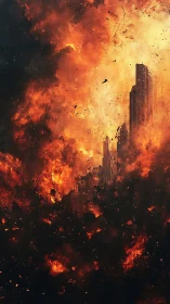 Intense urban inferno consuming high-rise building structures with explosive debris.