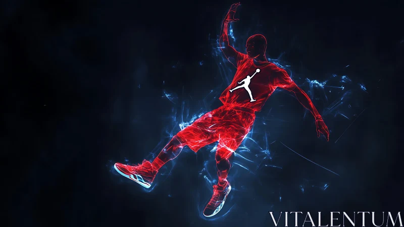 Glowing red basketball silhouette dives through electric space.