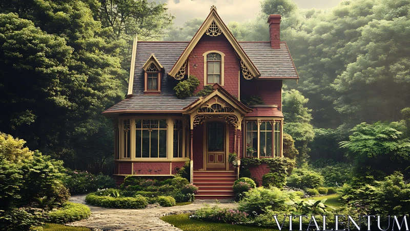 Storybook brick cottage nestles warmly in a lush green garden