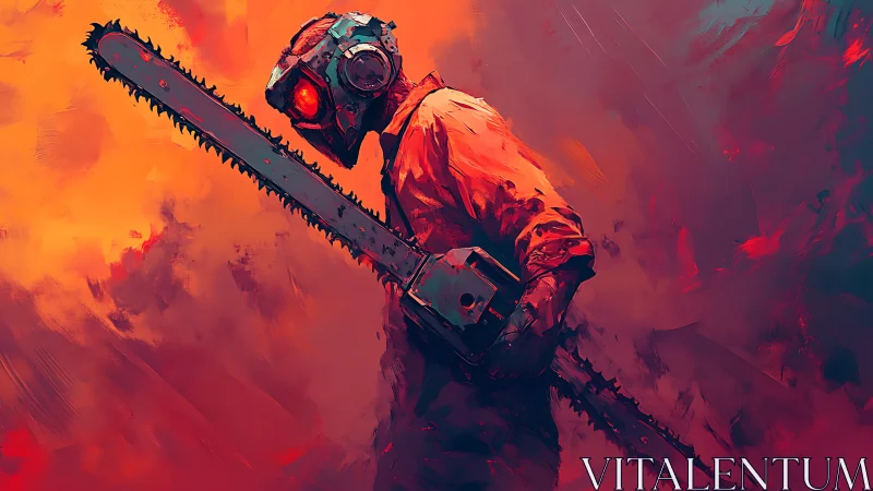 Chainsaw-wielding figure in respirator mask, neon inferno palette
