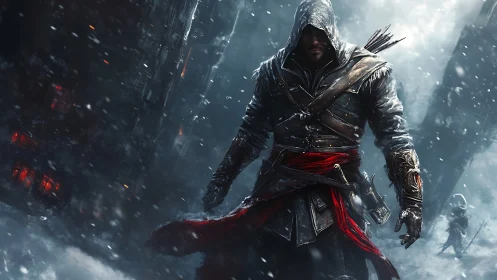 Hooded winter rogue striding through a stormy city night.