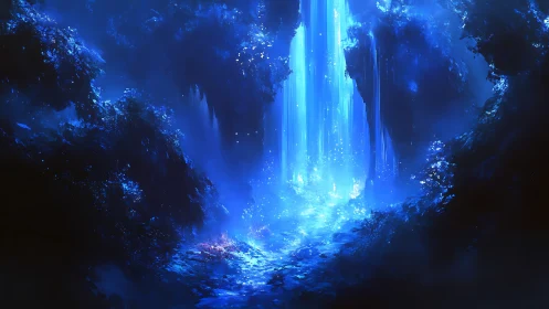 Luminous blue cavern waterfall in glowing fantasy grotto.