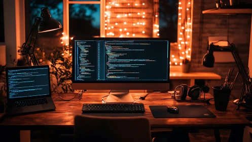 Dual-monitor coding workspace in dimly lit home office.