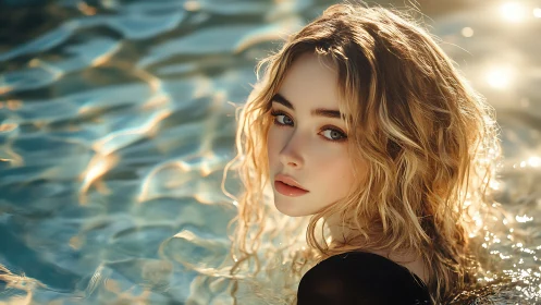 Young woman in sunlit water with reflective ripples