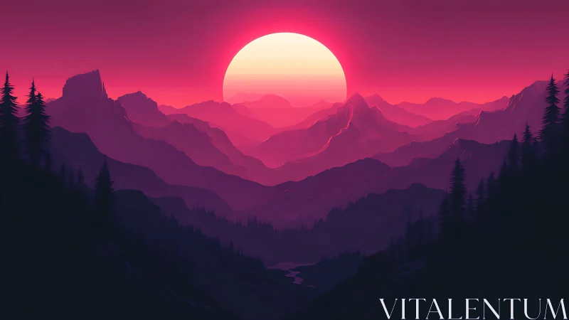 Radiant pink sun settles gently over dreamy mountain peaks