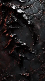 Dark organic spikes on molten black metallic surface.