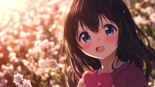 Backlit anime portrait with heart prop and floral bokeh field.