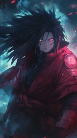 Crimson-eyed warrior storms through electric spectral mist.