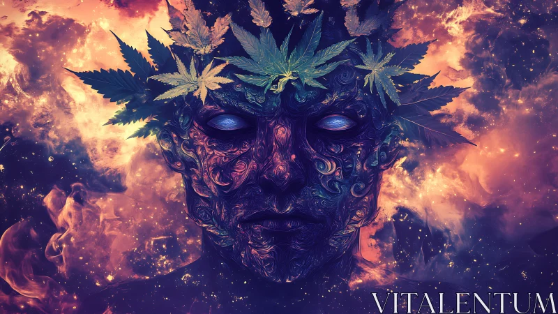 Mystical leaf-crowned spirit resting in a glowing cosmic night.