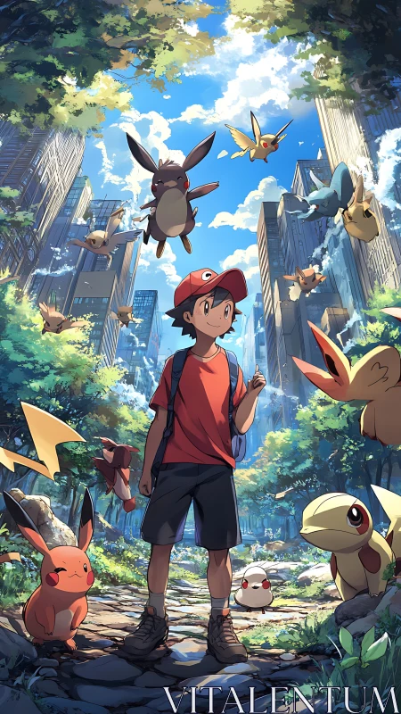 Young trainer stands among creatures in overgrown city street