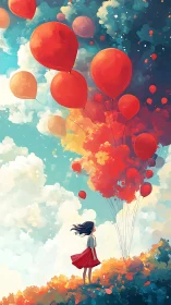 Scarlet balloons drifting above a dreaming girl at dawn.