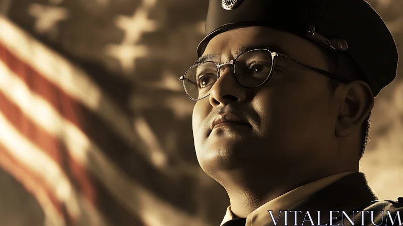 Military officer portrait stands before large waving flag