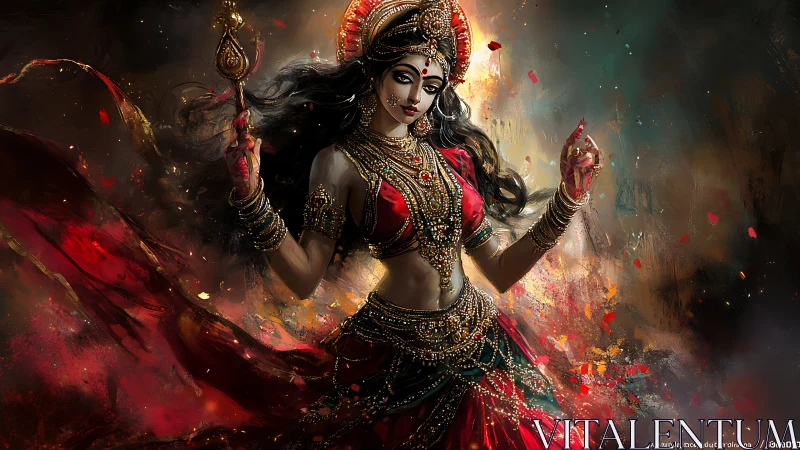 Digital depiction presents ornate female deity in motion