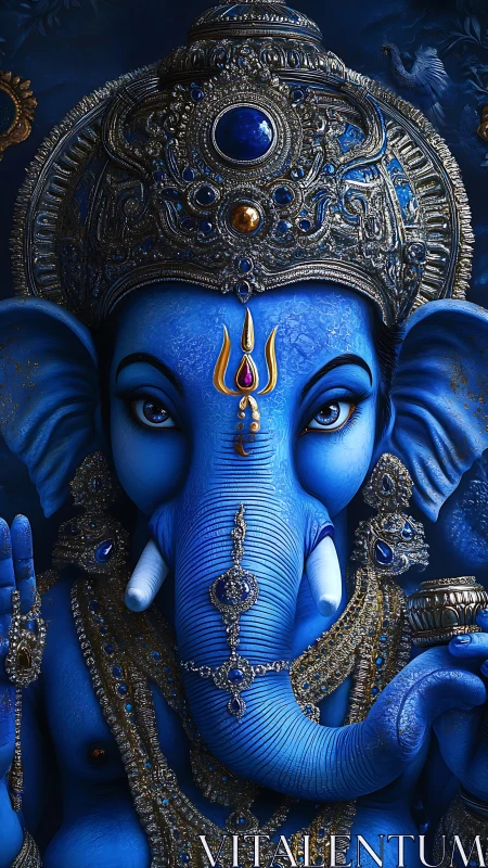 Radiant blue elephant deity in jeweled celestial calm.