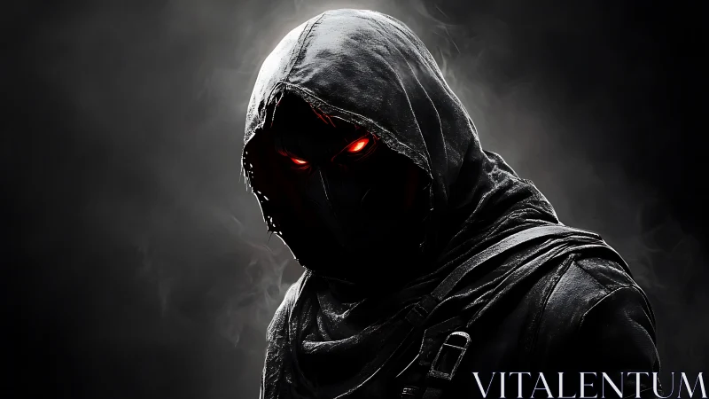 Hooded shadow figure glares with glowing red eyes in smoke.