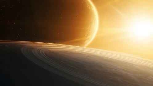 Ringed gas giant sunrise over glowing alien starfield.