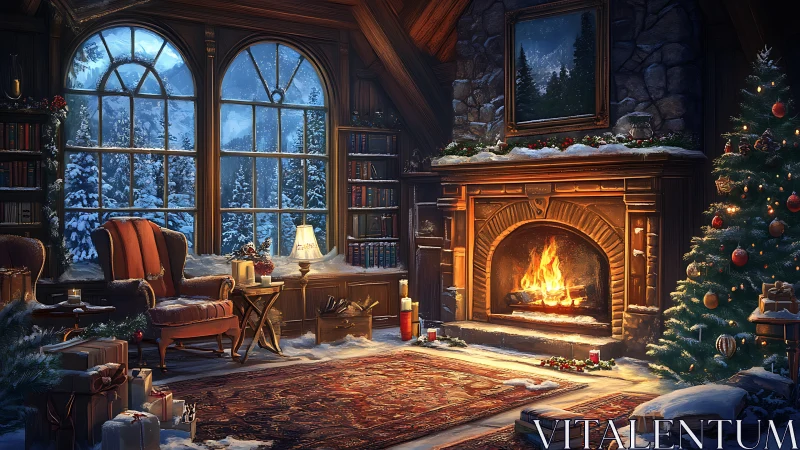 Cozy winter library glows with a festive fireside warmth.