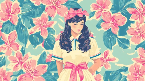 Melancholic girl stands amid bold pink tropical blooms