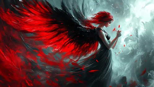 Winged red-haired woman stands in profile amid swirling light