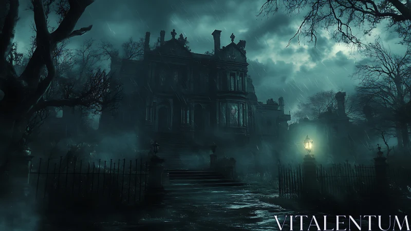 Stormy night view of decayed gothic mansion facade.