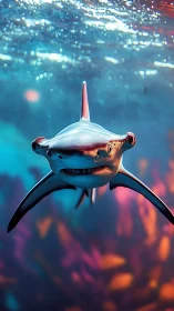Curious hammerhead shark gliding through glowing reef water.