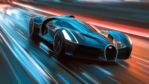 Neon storm hypercar slicing through liquid city light.