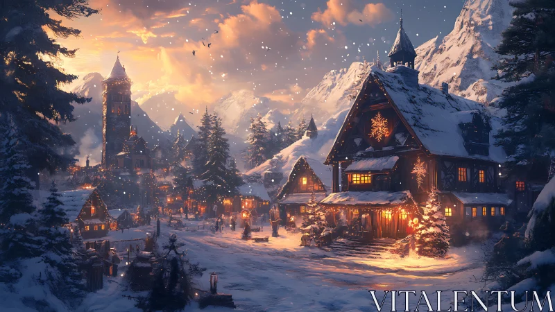 Snowlit alpine village with warm lantern glow at dusk.