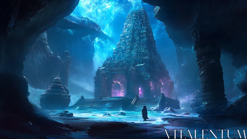 Frozen cavern temple under blue light with lone figure.