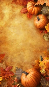 Autumn pumpkins and maple leaves frame over textured ochre background