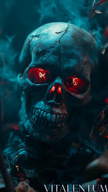 Burning-eyed skull glows in smoky teal and crimson haze